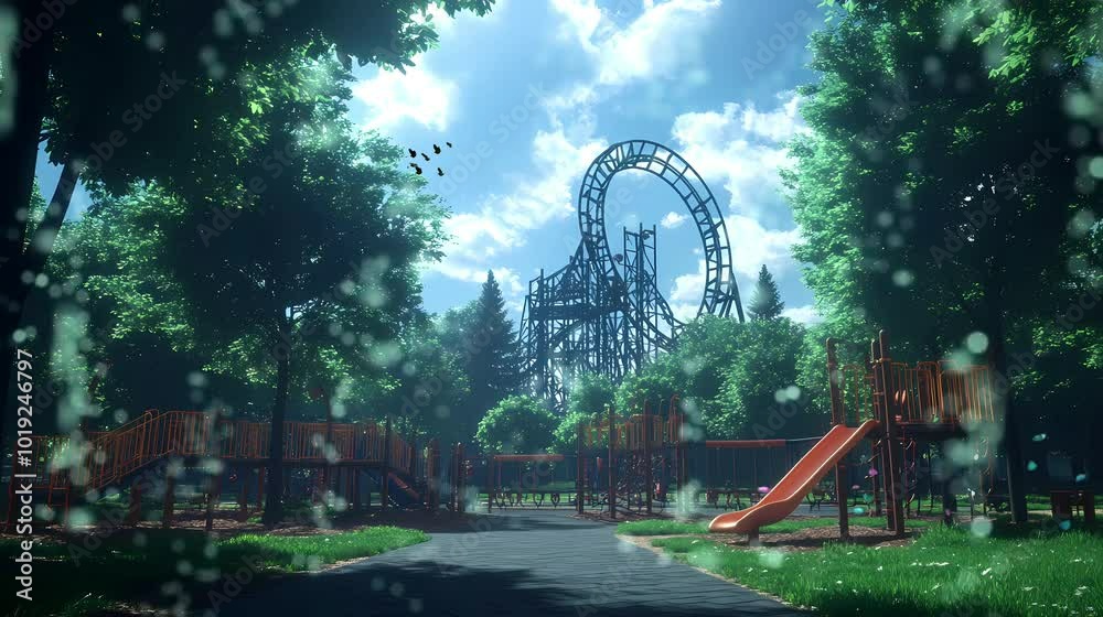 Colorful play equipment and towering trees create a playful, inviting scene, highlighted by a roller coaster looping through the sunny park landscape. Colorful play equipment and towering trees create a playful, inviting scene, highlighted by a roller coaster looping through the sunny park landscape.
