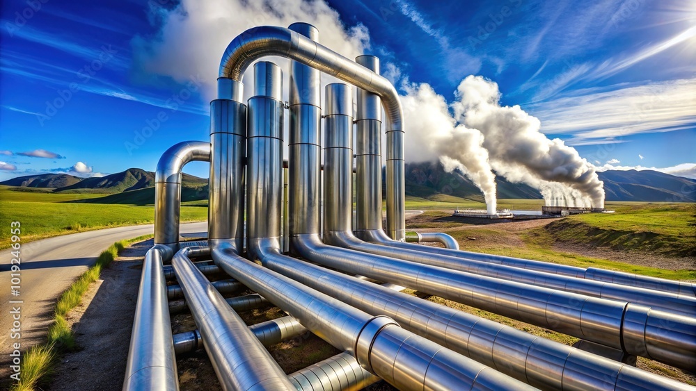 Sleek stainless steel pipes of a geothermal power station rise against a bright blue sky, embodying eco-friendly energy production and sustainable infrastructure. Sleek stainless steel pipes of a geothermal power station rise against a bright blue sky, embodying eco-friendly energy production and sustainable infrastructure.