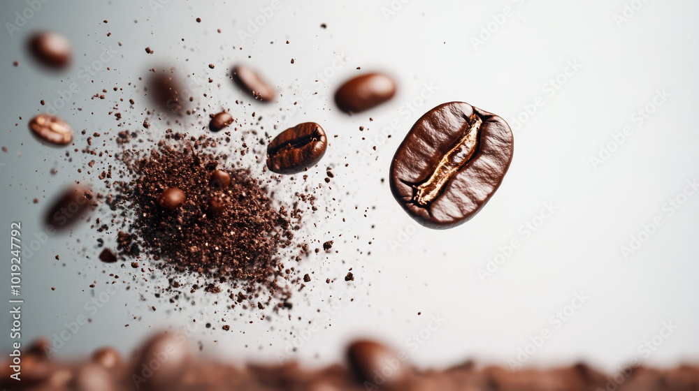Coffee beans and grounds in mid-air against a white background. Coffee beans and grounds in mid-air against a white background.