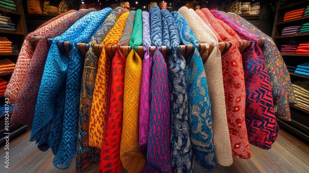A luxurious fashion boutique, showcasing a circular arrangement of scarves in bold, colorful patterns, each one meticulously arranged for a chic display A luxurious fashion boutique, showcasing a circular arrangement of scarves in bold, colorful patterns, each one meticulously arranged for a chic display