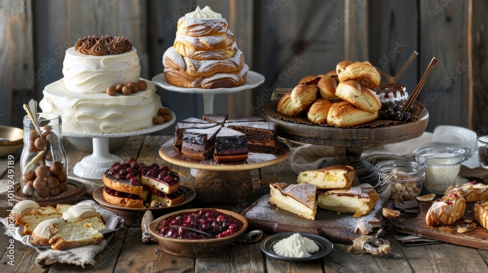 Assorted Pastries and Desserts on a Rustic Table Assorted Pastries and Desserts on a Rustic Table