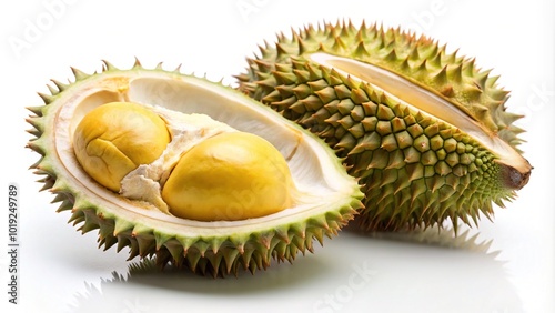 Fresh durian fruit split open revealing creamy white pulp and seeds, emitting a strong sweet aroma, enticing the senses with its delicious tropical flavor. photo