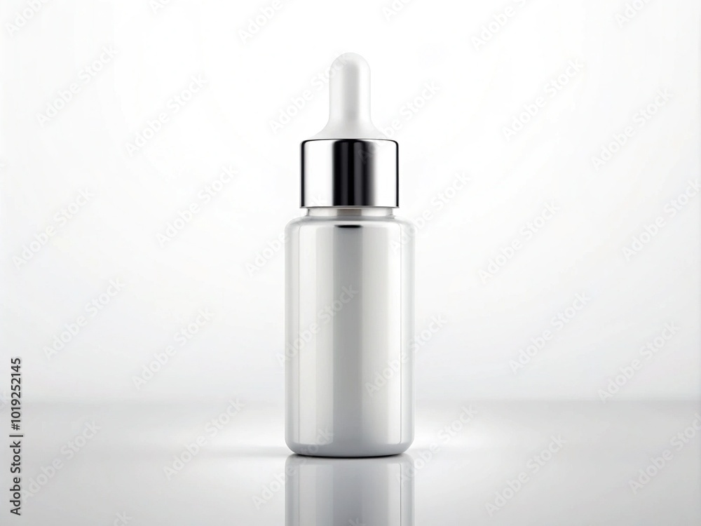 Sleek white pipette bottle with silver cap and dropper tip, against a clean background, ideal for showcasing cosmetic products or skincare ingredients.