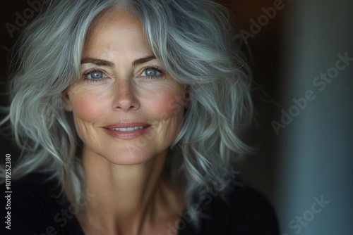 radiant mature beauty closeup portrait of smiling older woman with silver hair laugh lines and vibrant eyes exuding warmth and wisdom against soft natural light