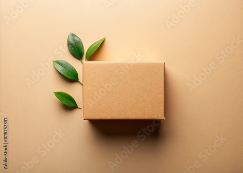 A minimalist beige background showcases a solitary cardboard box, proudly displaying its eco-friendly credentials, featuring a simple yet effective sustainable packaging design. photo