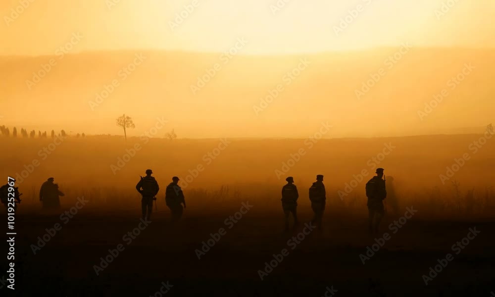 Silhouettes of army soldiers in the fog, with a glowing orange sunrise behind them, casting long shadows Silhouettes of army soldiers in the fog, with a glowing orange sunrise behind them, casting long shadows