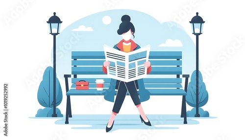 woman reading newspaper on park bench