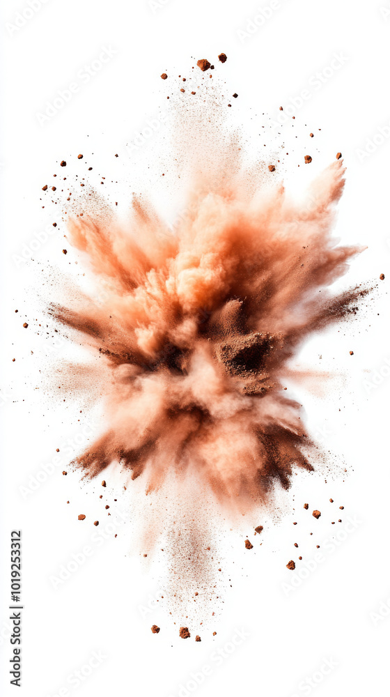 A dramatic explosion of brown dust against a white background. A dramatic explosion of brown dust against a white background.