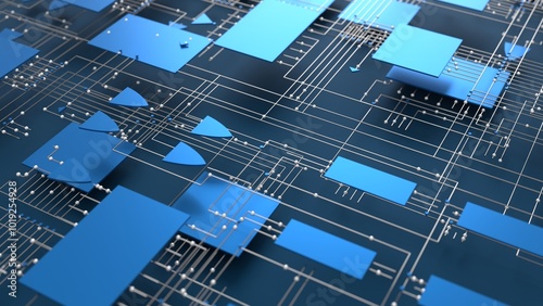 blue circuit board electrical diagram 3d representation. Can be used to represent superconductivity microchips, quantum computer manufacturing or logic gates of a semiconductor