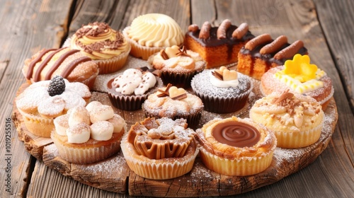 Assorted Delicious Cupcakes on Wooden Board