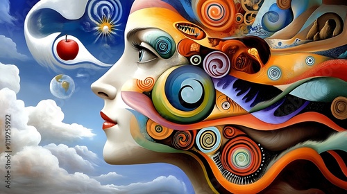 Abstract Painting of a Woman s Face with Swirls  Spirals  and Clouds photo