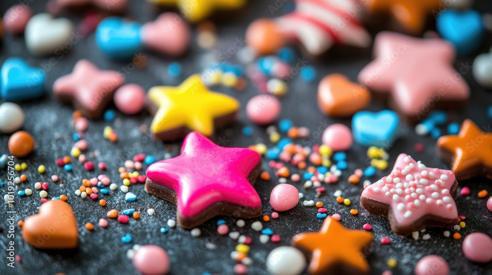 Colorful iced cookies and sprinkles on black surface celebrating happy st. nicholas day ai Colorful iced cookies and sprinkles on black surface celebrating happy st. nicholas day ai