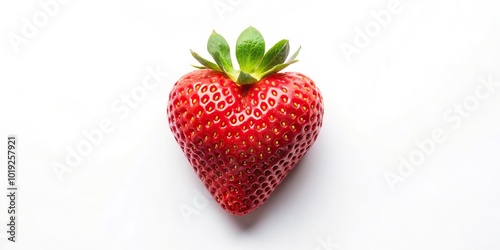Aerial view of a heart-shaped strawberry on a white background, ultra realistic