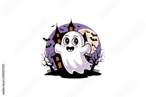 Spooky Boo Ghost Haunting a Haunted House with Creepy Trees