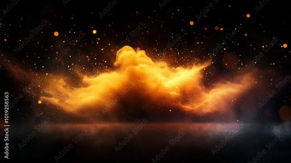 Naklejka premium Abstract background of a swirling orange cloud with gold glitter and bokeh lights.