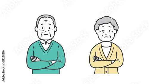 腕組みをして考える後期高齢者男女の上半身イラスト
