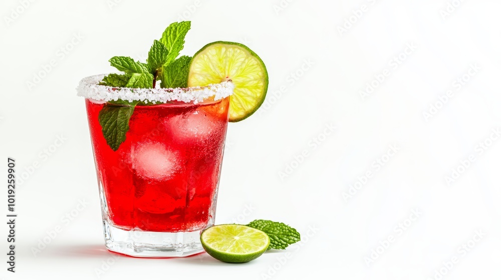 Red iced drink in coktail glass with salt rim garnished with mint leaf and lime slice isolated on white background Red iced drink in coktail glass with salt rim garnished with mint leaf and lime slice isolated on white background