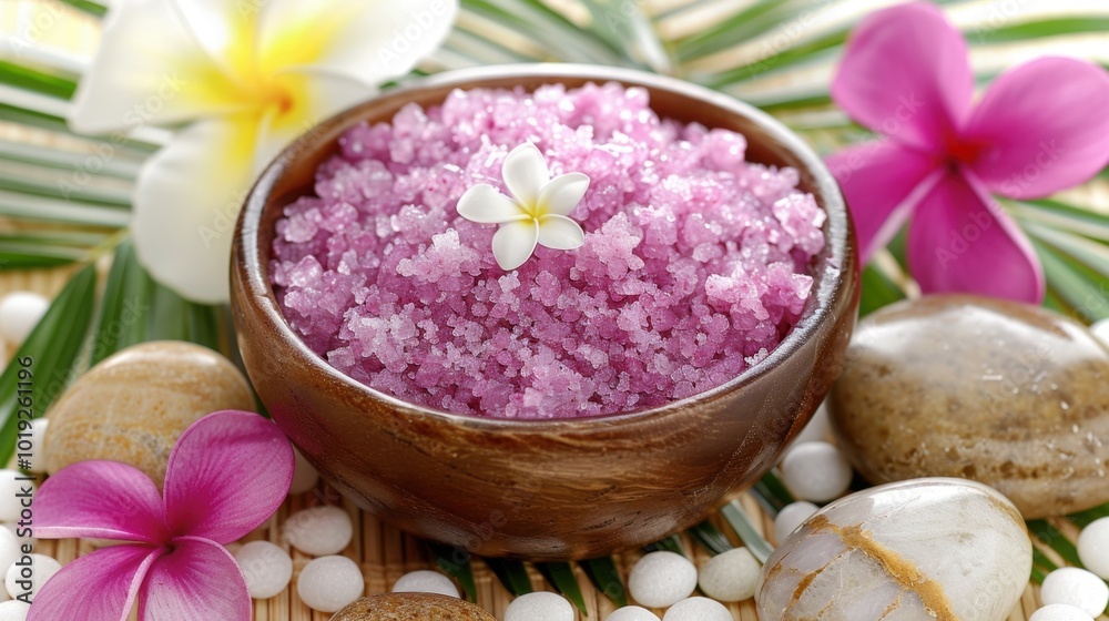 Relaxing Spa Scene with Colorful Sea Salt and Flowers Relaxing Spa Scene with Colorful Sea Salt and Flowers