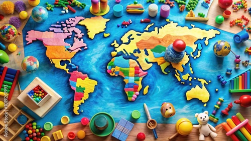 Colorful toys, books, and craft supplies surround a vibrant world map, celebrating cultural diversity and inclusivity in a playful, child-friendly environment. photo