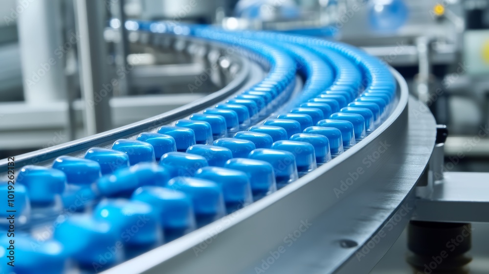 Obraz premium Blue capsules are moving on conveyor at modern pharmaceutical factory tablet and capsule manufacturing process close up shot of medical drug production line
