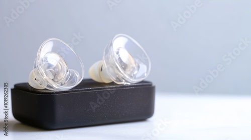 In ear monitor on clack case and white background in-ear monitors with clear plates in ear monitors or iems ready for a musician to wear on stage at a concert photo