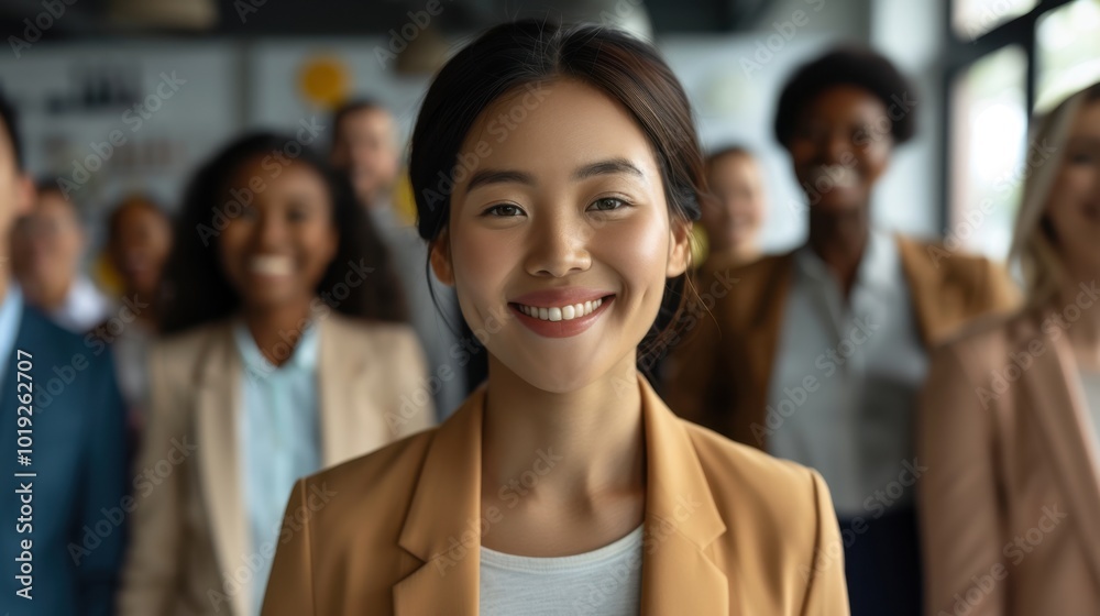 Confident Woman Smiling in a Business Group Setting Confident Woman Smiling in a Business Group Setting