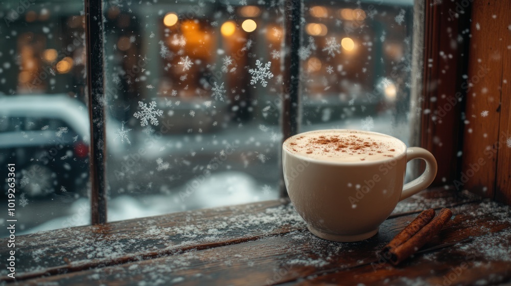 Fototapeta premium Seasonal elegance: visual appeal of hot, soothing drink set against breathtaking winter scene, capturing cozy charm and beauty of indulging in warming beverage on crisp, snowy day.