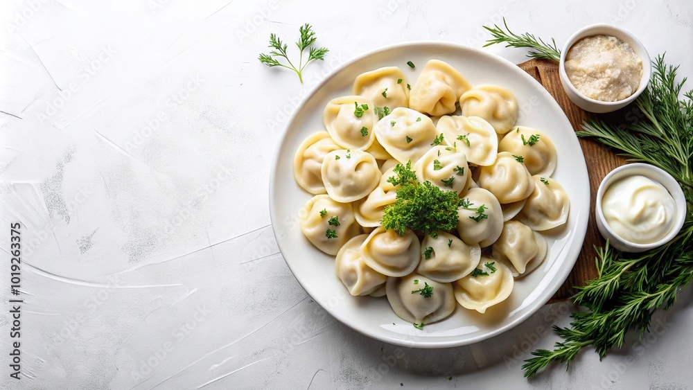 Aerial view of a plate of large manti ravioli dumplings with sour cream and dill, isolated on white background Aerial view of a plate of large manti ravioli dumplings with sour cream and dill, isolated on white background