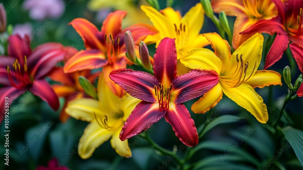 Colorful lily flowers star shape in summer garden many big day lily flowering plants yellow orange red daylily bel blooms Colorful lily flowers star shape in summer garden many big day lily flowering plants yellow orange red daylily bel blooms