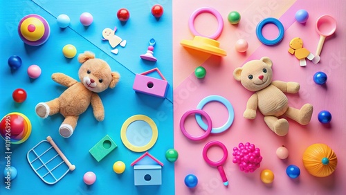 Colorful toys and accessories on a pink and blue background, symbolizing traditional gender stereotypes and differences in childhood development and social expectations. photo