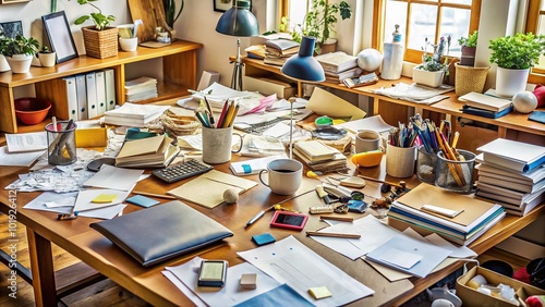 A cluttered and disorganized workspace with scattered papers, pens, and broken objects, conveying a sense of chaos and mental breakdown.