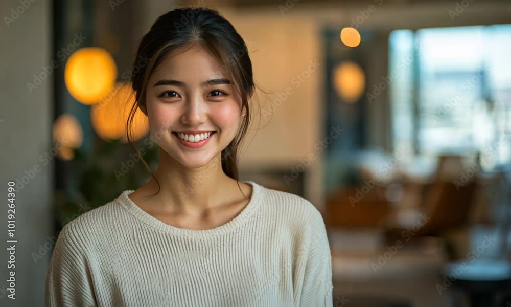 beautiful young asian woman standing in his living room smiling beautiful young asian woman standing in his living room smiling