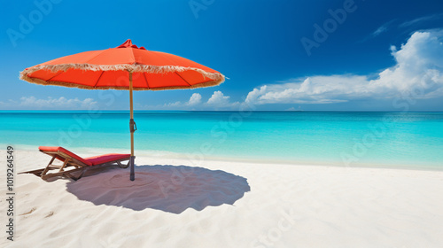  Beach chair and umbrella, vacation background. copy space