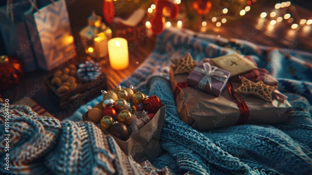 Cozy Holiday Gifts and Decorations on a Soft Blanket Cozy Holiday Gifts and Decorations on a Soft Blanket