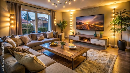 Cozy living room with comfortable couch, coffee table, and large screen TV, set for a family movie night, with soft lighting and warm atmosphere. photo