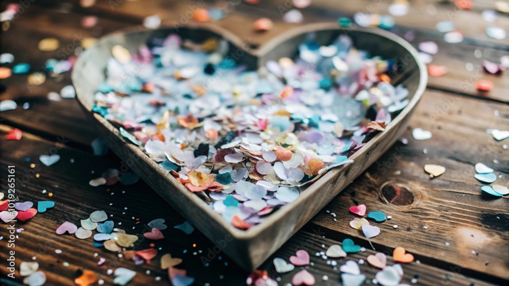 Fototapeta premium Vibrant love confetti in heart shapes scattered on a stylish background, featuring shades of red, pink, and gold, ideal for weddings, romantic celebrations, or adding a joyful touch to special events.