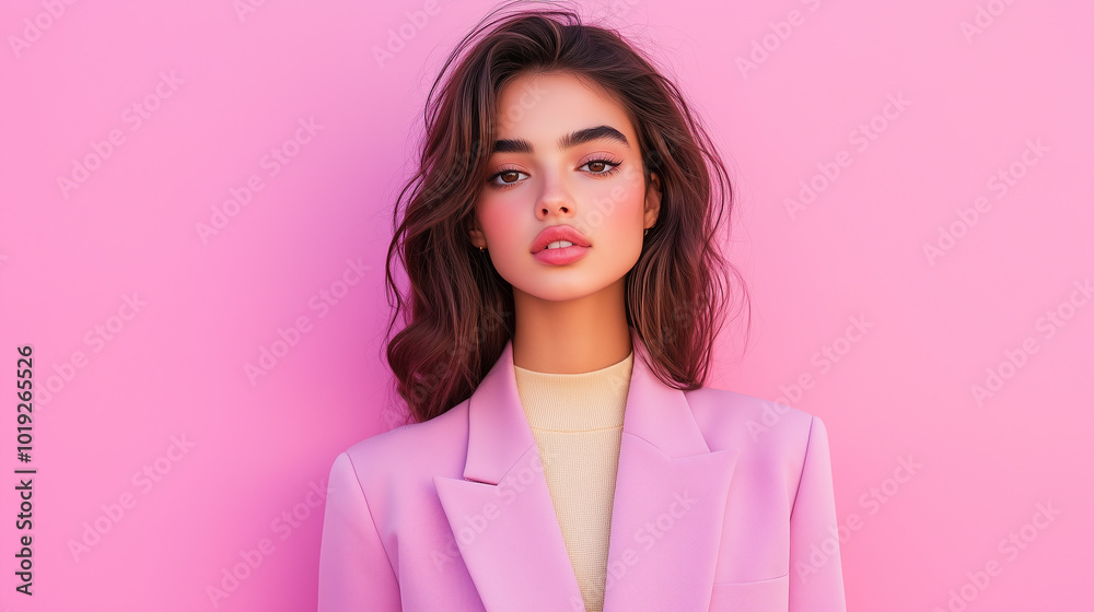 woman with long, wavy hair wearing pink blazer stands against pink background, exuding confidence and style. woman with long, wavy hair wearing pink blazer stands against pink background, exuding confidence and style.