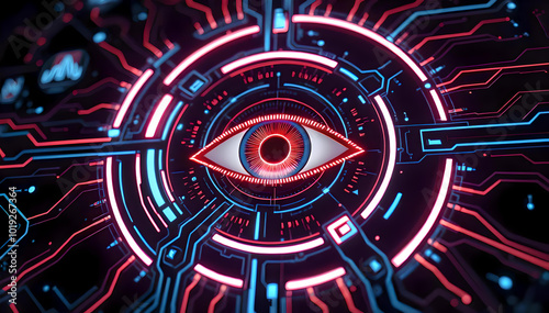 A futuristic electronic eye encased in a glowing HUD circle, surrounded by a web of digital circuits and information lines, radiating cutting-edge technology in a high-tech digital environment