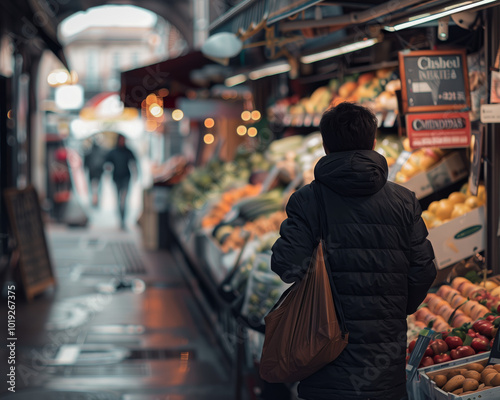 Shopper in Cozy Market Aisle with Fresh Produce and Warm Lighting, Market Shopping Scene