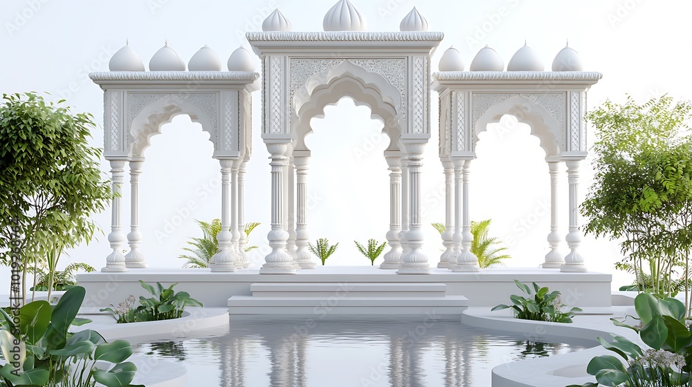 Fototapeta premium Mughal Garden with Blossoming Bougainvillea Vines and Stone Arches 
