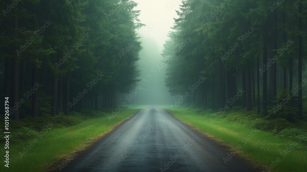 Fototapeta premium A serene forest road surrounded by tall trees creates tranquil atmosphere, inviting exploration and reflection. mist adds mystical touch to this peaceful scene.