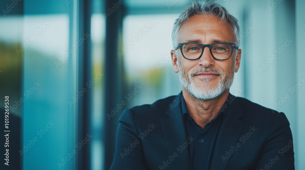 Fototapeta premium Smiling mature businessman in a suit and glasses.