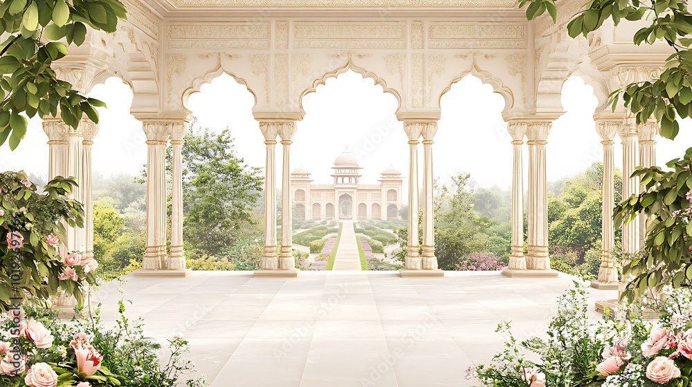 Naklejka premium Ancient Mughal Garden Courtyard with Marble Floors and Verdant Landscaping 