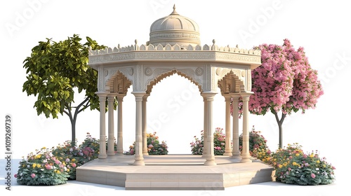 Ancient Mughal Garden Courtyard with Marble Floors and Verdant Landscaping 