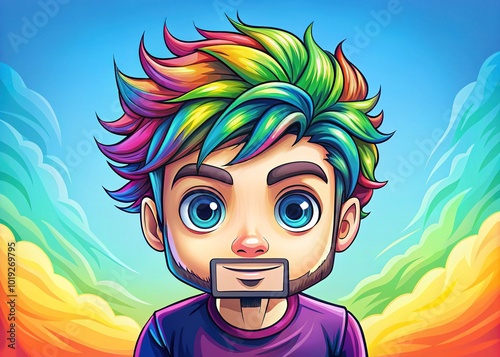 A colorful chibi character featuring a guy with a bold, expressive face and a unique hairstyle, infused with playful energy and captivating charm throughout.