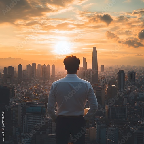 A person gazes at a sunset over a city skyline, reflecting on life and opportunities.