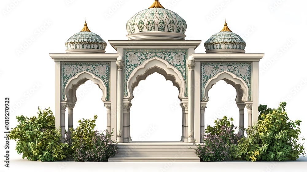 Obraz premium Mughal Garden Illustration with Lotus Flowers Floating in a Reflecting Pool 