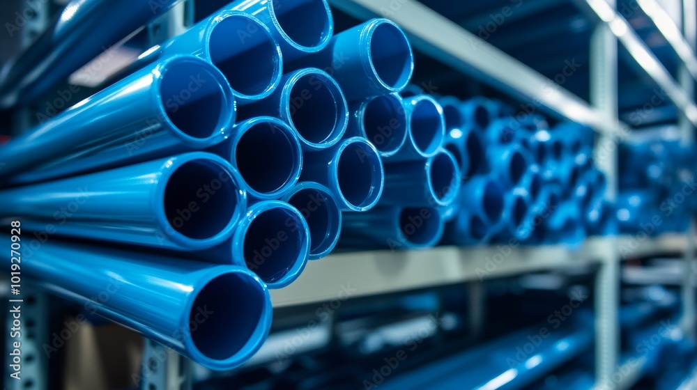 Blue pvc tubes in storage plastic tubes background of pvc