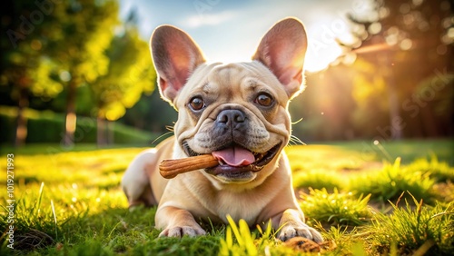 Adorable French bulldog with wrinkled skin and big ears excitedly gnaws on a bone treat while sitting on a grassy outdoor lawn on a sunny day.