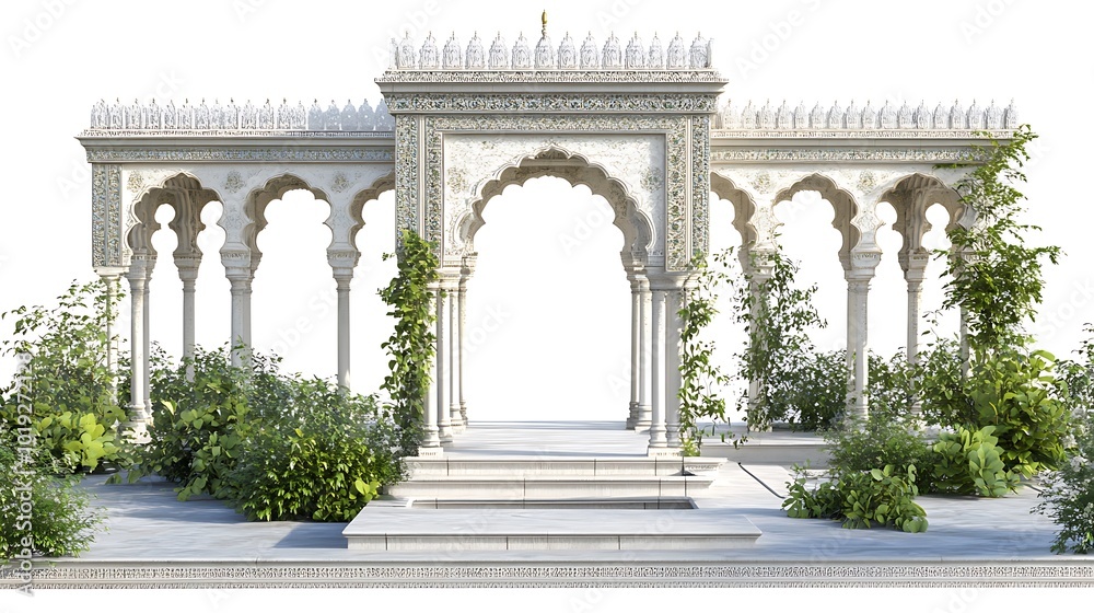 Fototapeta premium Serene Mughal Garden Scene with Lush Greenery and Historical Structures, İndia 3d rendering Mughal Garden concept 